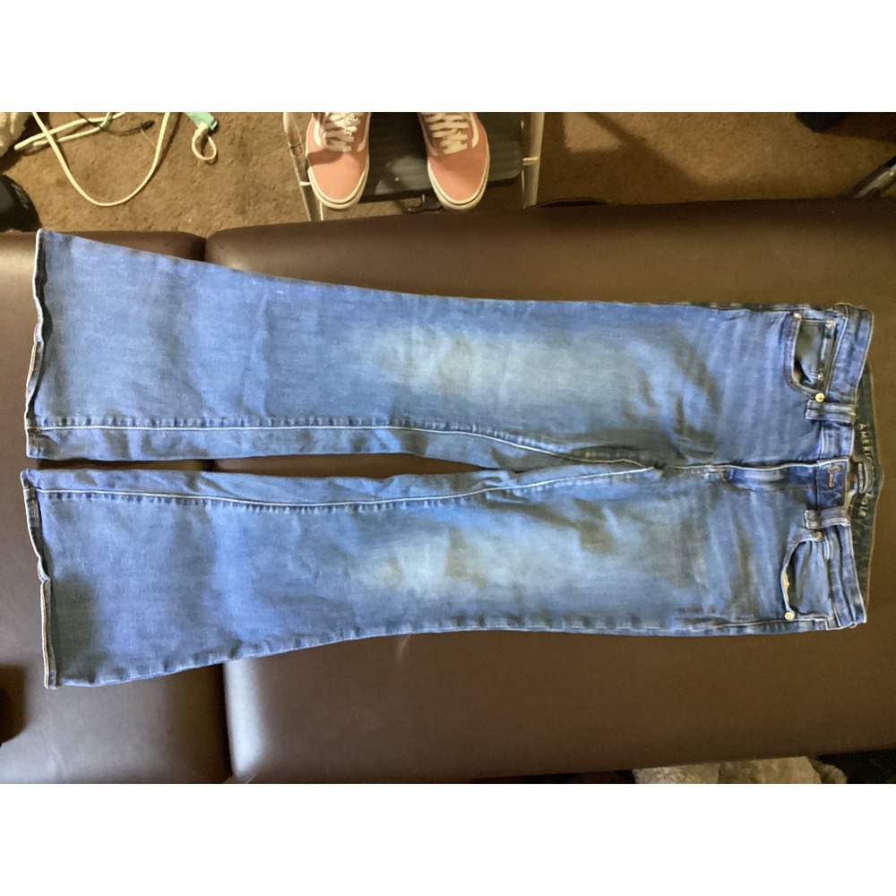 American Eagle High Waisted Flare Jeans Medium Wash Flap Pocket Women 8 Regular